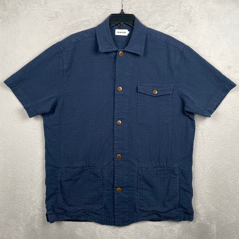Taylor Stitch Hemingway Shirt Mens Size 44 XL Blue Seersucker Button Up Pockets